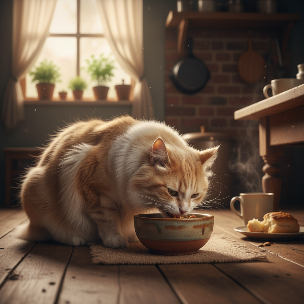 Cat being fed during a daily visit