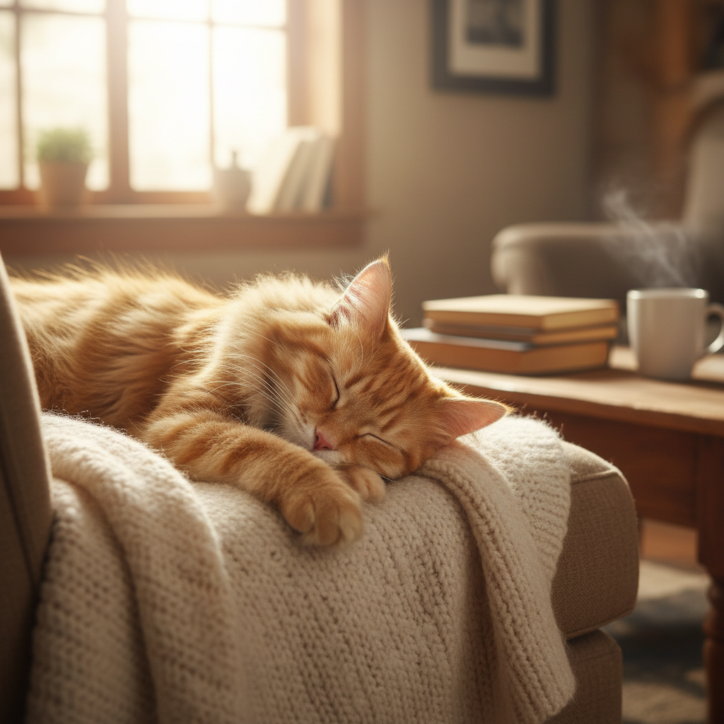 Cat relaxing at home during twice daily visits
